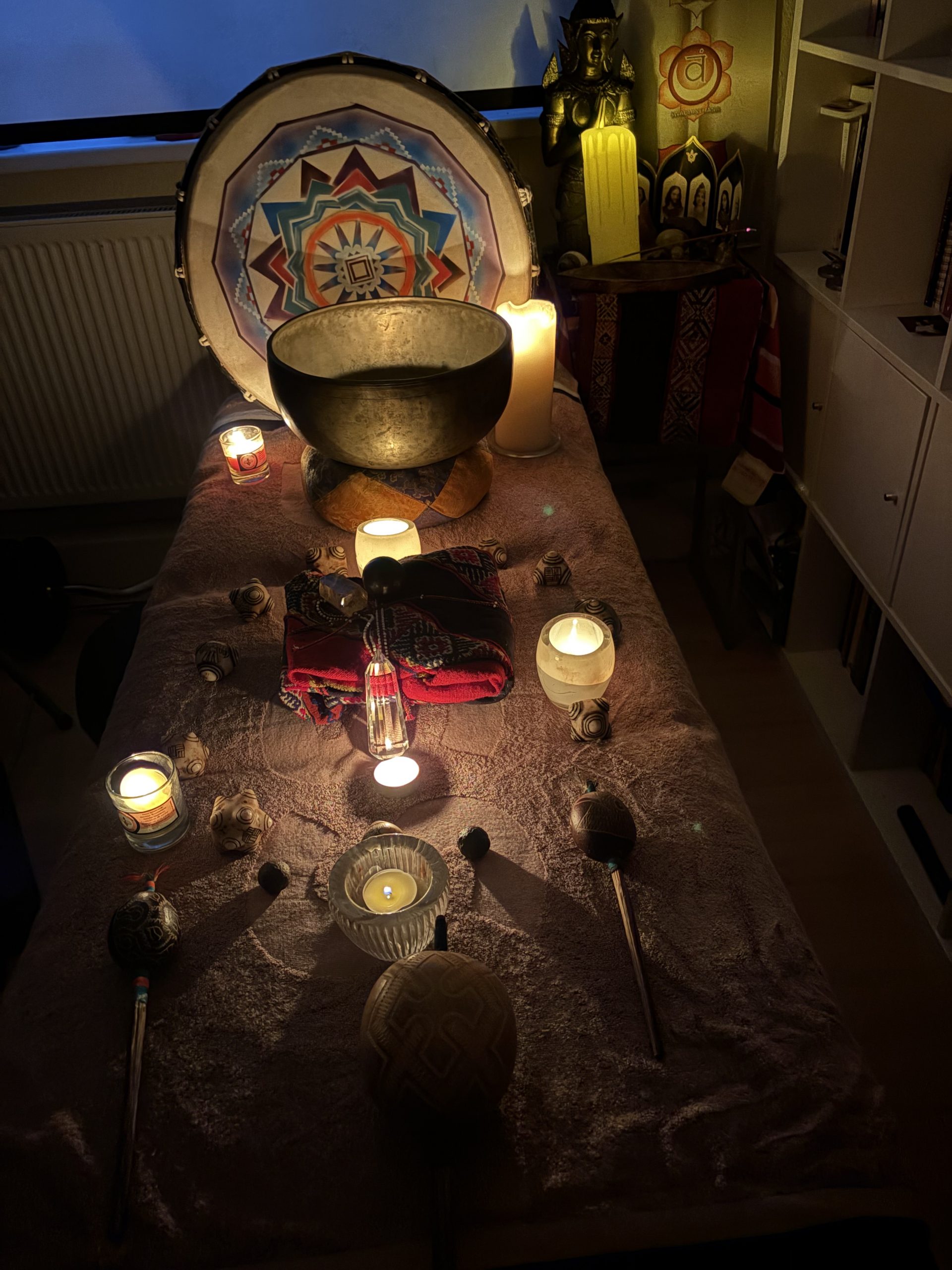 Shamanic Healing Battersea - Sacred Altar with Mesa, Vogel Crystal, and Tibetan Bowls - Scott Schwenk Body Mind Healing Private Shaman Session South West London