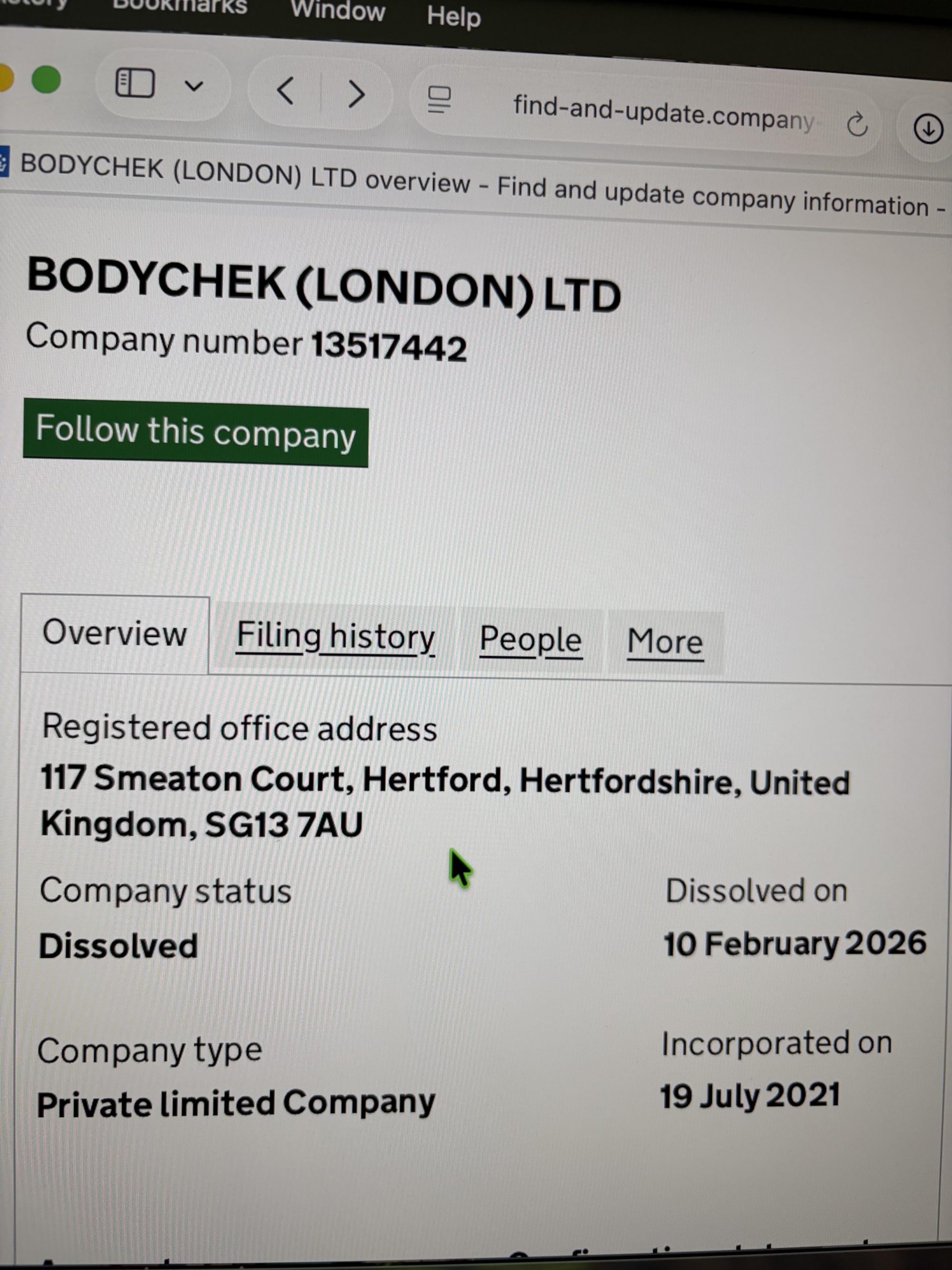 • Alt Text: Official Companies House — Bodychek (London) Ltd 13517442 dissolved 10 February 2026; Leigh Brandon director; historic liabilities £23223 £5505
